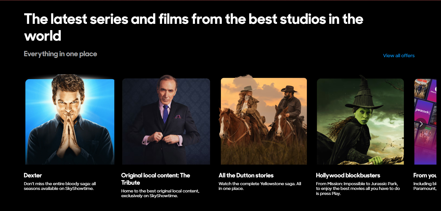 Homepage editorial cards showcasing series, local originals, the Dutton franchise and films