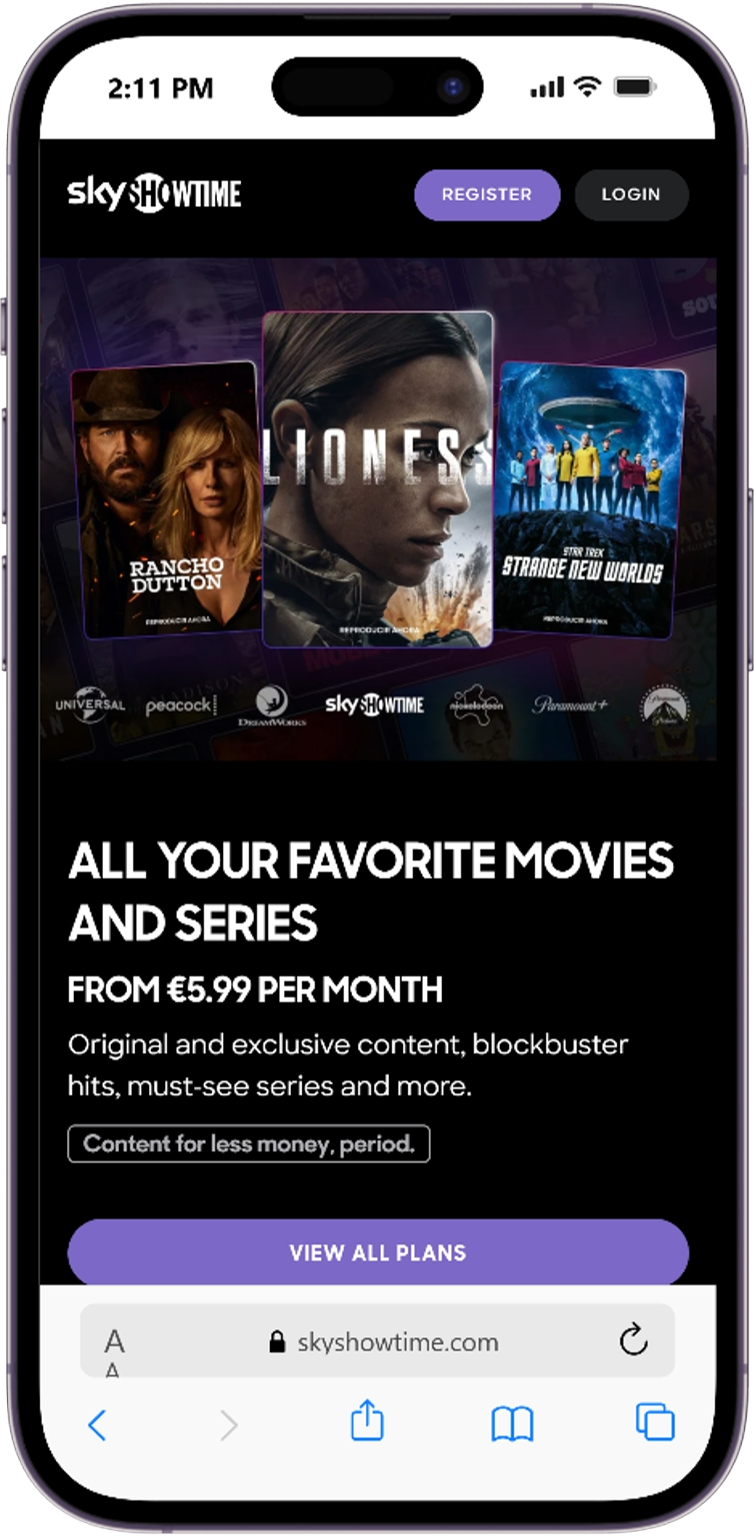 Redesigned SkyShowtime mobile homepage